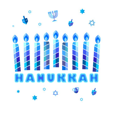 Jewish holiday Hanukkah greeting card traditional Chanukah symbols - wooden dreidels (spinning top), Hebrew letters, donuts, menorah candles, oil jar, star David glowing lights pattern Vector template