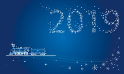 Naklejka na ściany i meble New year 2019 spark line design snowflakes and locomotive as a symbol of moving forward
