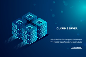 Cloud storage server, data hosting concept. Isometric vector illustration on abstract blue background.
