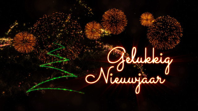 Happy New Year text in Dutch 'Gelukkig Nieuwjaar' over pine tree and fireworks
