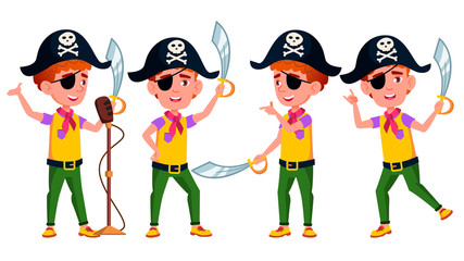 Boy Poses Set Vector. Public Performance. Pirate, Saber, Skull. For Advertisement, Greeting, Announcement Design. Isolated Cartoon Illustration