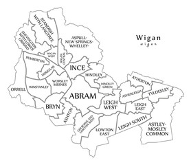 Modern City Map - Wigan city of England with wards and titles UK outline map