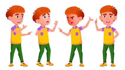 Little Boy Poses Set Vector. Primary School Child. Red Head. Emotions. For Postcard, Cover, Placard Design. Isolated Cartoon Illustration