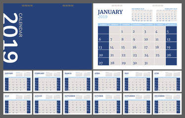 Calendar 2019 Classic Blue Style. Set of 12 pages desk. minimal calendar planing vector design for printing template