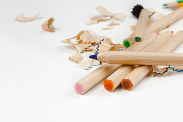 sharped pencils with Pencil Shaving isolated on white