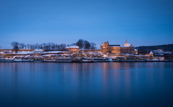 Snow-clad Akershus fortress - in the blue hour, Oslo