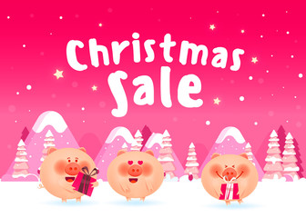 Fototapeta na wymiar Christmas sale poster. Cute pigs with gift boxes on a snowy background.