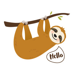 Cute cartoon sloth vector graphic design. Adorable hand drawn baby sloth character hanging on the tree. Illustration for nursery design, poster, greeting, birthday card, baby shower design and party © Wink Images