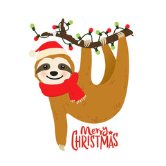Cute cartoon sloth vector graphic design for Christmas holiday. Merry Christmas print. Adorable hand drawn baby sloth character hanging on the tree in Santa Claus hat © Wink Images
