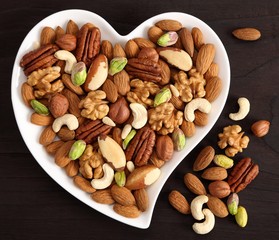 Nuts on a plate in the shape of a heart.