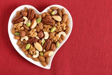 Nuts on a plate in the shape of a heart.