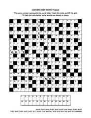 Puzzle page with codebreaker (codeword, code cracker) word game or crossword puzzle for grown-ups. General knowledge, some words already in place, medium level. Answer included.
