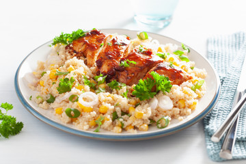 roasted bbq chicken with quinoa sweetcorn onion, healthy lunch