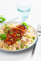 roasted bbq chicken with quinoa sweetcorn onion, healthy lunch
