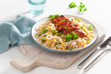 roasted bbq chicken with quinoa sweetcorn onion, healthy lunch
