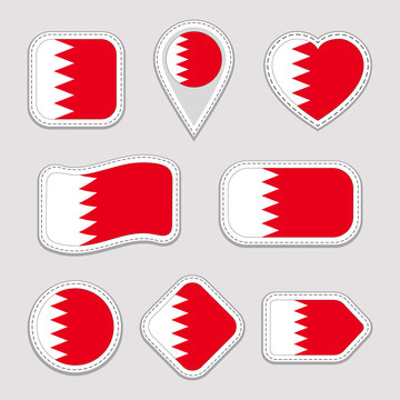 Bahrain flag stickers set. Bahraini national symbols badges. Isolated geometric icons. Vector official flags collection. Sport pages, patriotic, travel, school, design elements. Different shapes.
