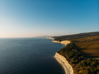 Aerial panoramic landscape of blue sea and bay, beautiful summer nature and seascape view