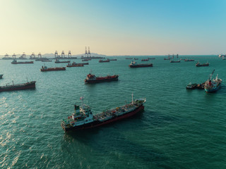 Fototapeta premium Oil Ship tanker or gas LPG parking on the sea waiting for unload to refinery.