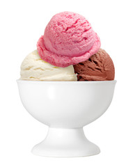 Strawberry, vanilla, chocolate different flavor ice cream scoops in bowl isolated on white background