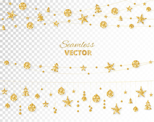 Christmas golden decoration isolated on white background. Holiday vector frame, border.