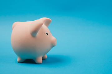 Close up photo side view of pink piggy money bank isolated on bright blue wall background. Money accumulation, investment, banking or business services, wealth concept. Copy space advertising mock up.