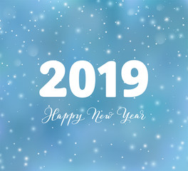 2019 typography design. Winter season background with falling snow. Happy New Year text, calligraphy