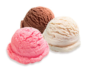 Strawberry, vanilla, chocolate different flavor ice cream scoops side view on white background