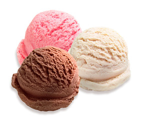 Strawberry, vanilla, chocolate different flavor ice cream scoops side view on white background