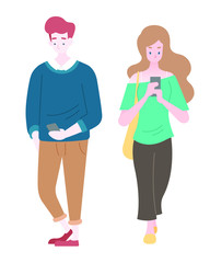 Flat style couple walking together looking at mobile phone screen illustration