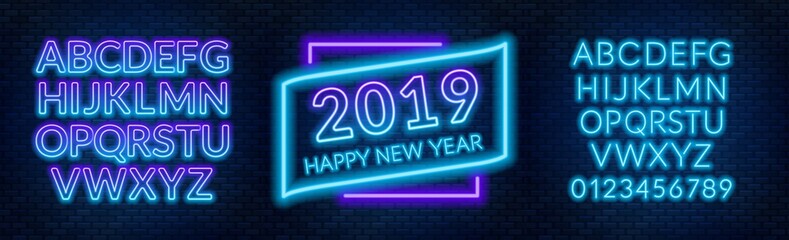 Neon sign happy new year on a dark background with bright alphabets.