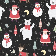 Christmas night seamless pattern with cute characters: polar bear, Santa Claus, deer and snowman. Vector illustration