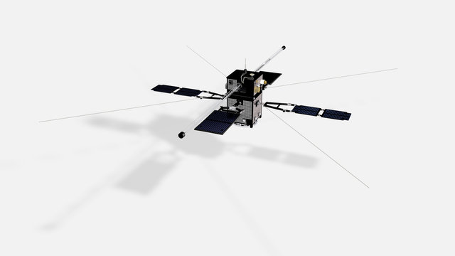 Satellite scientifico ARASE su fondo neutro, 3D rendering, illustrazione