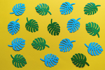 Monstera leaves on a yellow background.