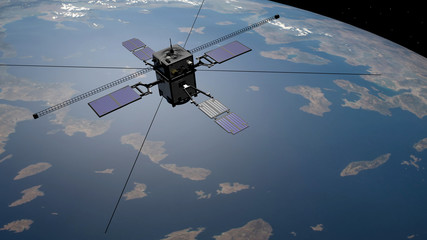 Satellite scientifico ARASE, in orbita intorno alla terra, 3D rendering, illustrazione