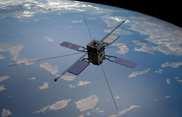 Satellite scientifico ARASE, in orbita intorno alla terra, 3D rendering, illustrazione