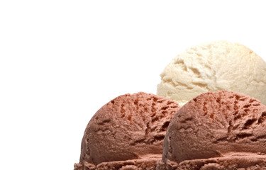Chocolate and vanilla ice cream scoops isolated on white background