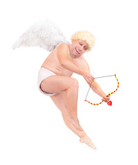 Funny flying angel shoot arrow of love, isolated on white background. Fat adult angel aiming arrow.