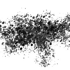  Isolated artistic black watercolor and ink splatter textures and decorative elements on white wall background.