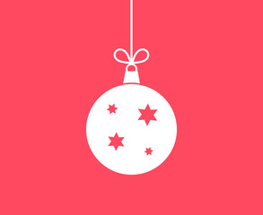Christmas ball hanging ornament on red background.