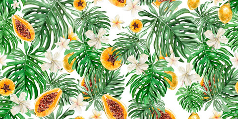 Beautiful watercolor tropical pattern with flowers,fruits papaya and lemon.  - obrazy, fototapety, plakaty