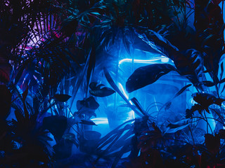 Indoor decor plants in neon lights in futuristic interior style