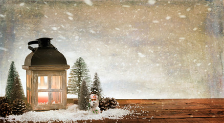 Lantern with Christmas trees. Christmas card.