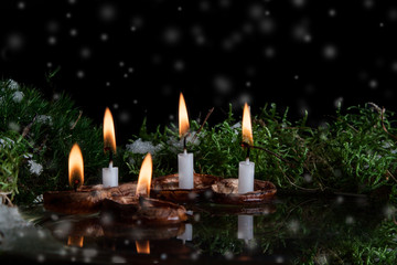 Christmas candles in walnut shell on water surface