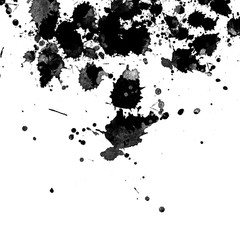  Isolated artistic black watercolor and ink splatter textures and decorative elements on white wall background.