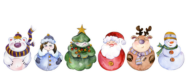 Set of Christmas characters (Santa, Snow Maiden, snowman, reindeer, polar bear, Christmas tree) isolated on white background. Watercolor painting. Hand painted.