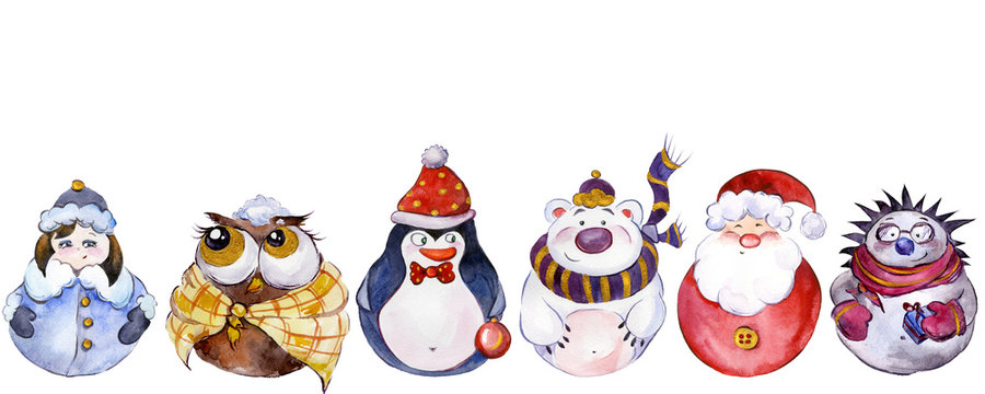 Set Of Christmas Characters (Santa, Snow Maiden, Penguin, Polar Bear, Owl, Hedgehog) Isolated On White Background. Watercolor Painting. Hand Painted.