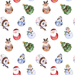 Seamless pattern with funny Christmas characters (Snow Maiden, caribou, polar bear, Christmas tree, snowman) on white background. Watercolor painting.