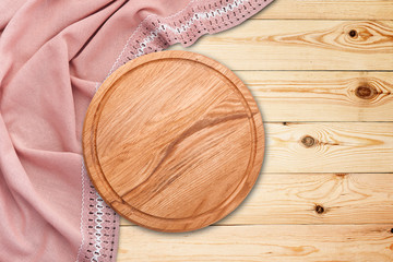 Table cloth and pizza board on vintage wooden table. Top view mockup