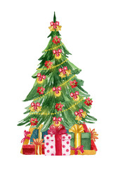 Christmas tree. Watercolor hand drawn