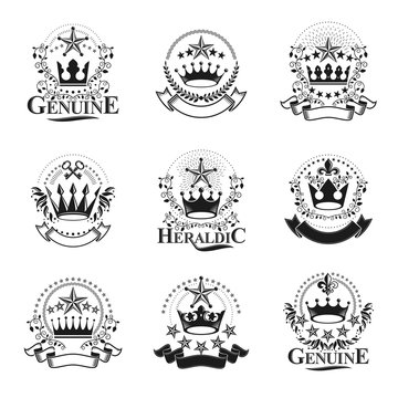 Majestic Crowns emblems set. Heraldic Coat of Arms decorative logos isolated vector illustrations collection.